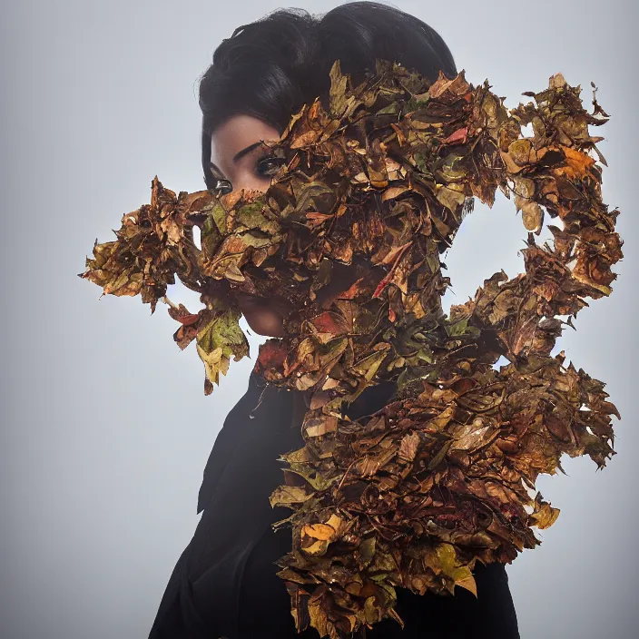 Prompt: a closeup portrait of a woman wearing suit made of leaves and chains, picking apples from a tree, foggy, moody, photograph, by vincent desiderio, canon eos c 3 0 0, ƒ 1. 8, 3 5 mm, 8 k, medium - format print