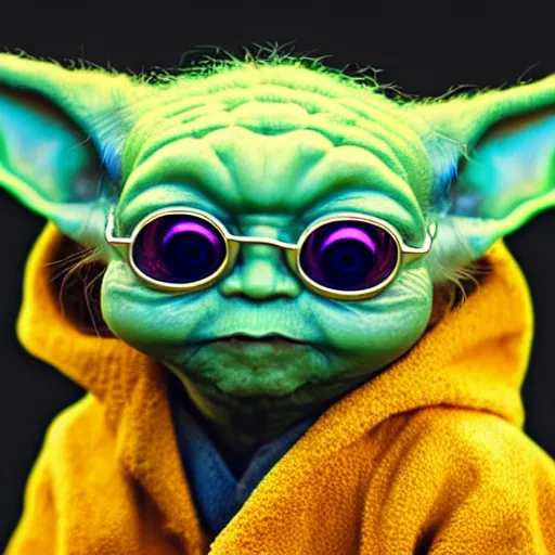 portrait of baby yoda wearing sunglasses, blue and