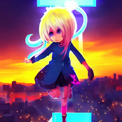 Image similar to Splash art Anime loli, blond hair with pigtails, blue coat, and black shorts, she flies by using blue neon powers through the city. Cinematic sunset, faint orange light. Amazing piece Trending on Artstation