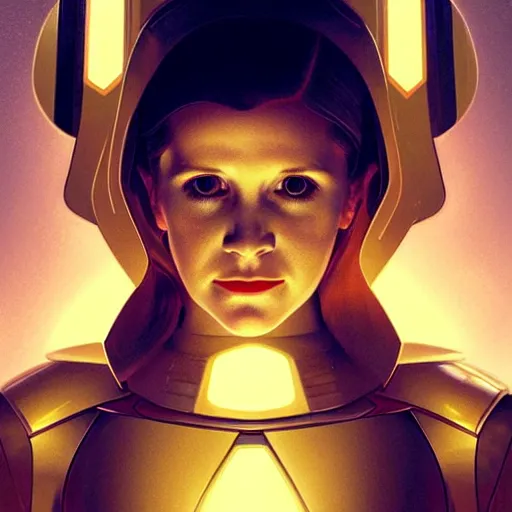 Image similar to symmetry!! portrait of young carrie fisher, gold sci - fi armour, tech wear, glowing lights!! sci - fi, intricate, elegant, highly detailed, digital painting, artstation, concept art, smooth, sharp focus, illustration, art by artgerm and greg rutkowski and alphonse mucha