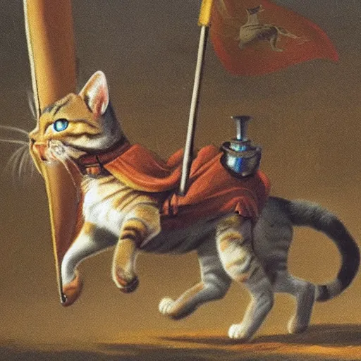 Image similar to photo of a small warrior cat carrying his battle flag while riding a large cat steed that is galloping into battle