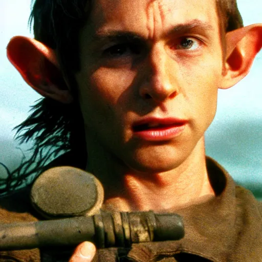 Image similar to close up headshot of a skinny high-fantasy elf with a long narrow face and spiky blonde hair wearing dark brown overalls and holding a bomb next to a destroyed car, high resolution film still, fim by Peter Jackson