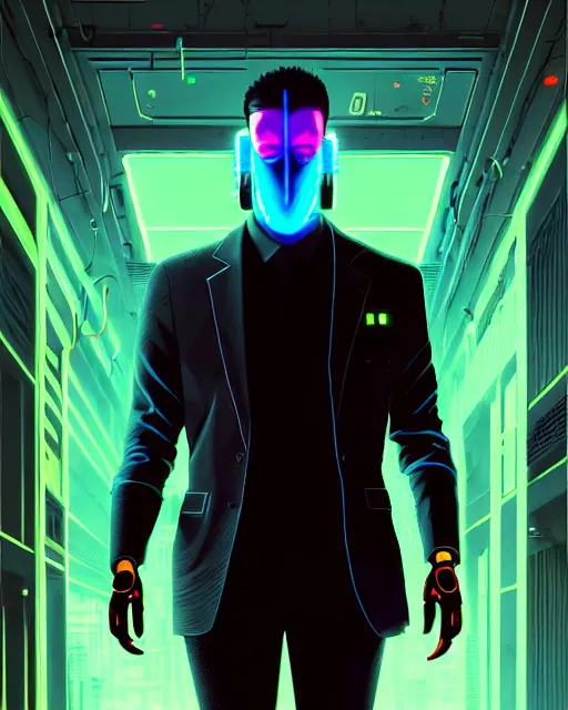 Image similar to cyberpunk synth, hyper - realistic portrait of a man in a suit with detailed neon mask, cyberpunk, intricate, digital painting, by atey ghailan, by greg rutkowski, by greg tocchini, by james gilleard, by joe fenton, by kaethe butcher, dynamic lighting, gradient light blue, lighting color scheme, sharp focus, grunge aesthetic