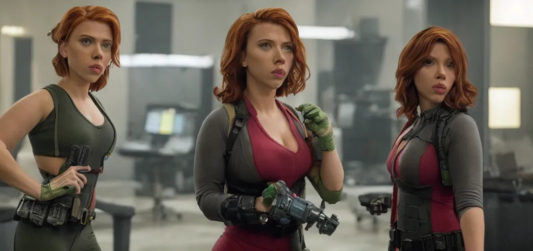 Prompt: scarlett johansson playing reporter april o'neil in the remake of teenage mutant ninja turtles, movie still, 8 k, # nostalgia