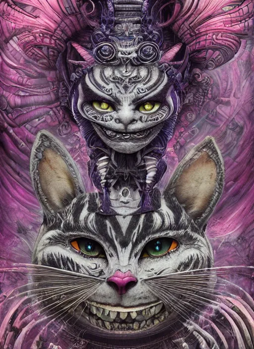 Image similar to cheshire cat, aztec god, highly detailed, cinematic, 8 k, by megan duncanson, benjamin lacombe, adrian borda, stanley artgermm, tom bagshaw, craig mullins, carne griffiths, ayami kojima, beksinski, giger, trending on deviantart, hyper detailed, horror, full of colour