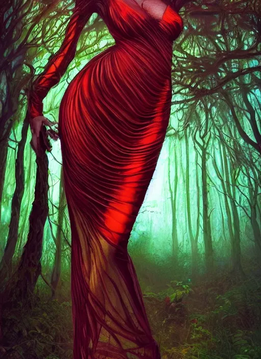 Prompt: junoesque curvaceous fey queen, vine dress, glowing forest, strong line, eerie color, beautiful! coherent! by mariusz lewandowski