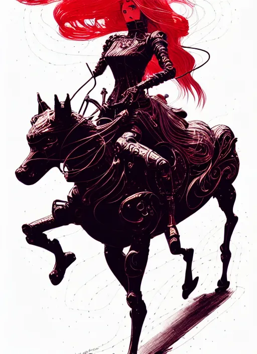 Prompt: highly detailed portrait of lady oscar riding a horse by james gilleard, by kaethe butcher, by greg rutkowski, by konstantin yuon, 4 k resolution, nier : automata inspired, bravely default inspired, vibrant but dreary but upflifting red, black and white color scheme!!! ( ( space nebula background ) )