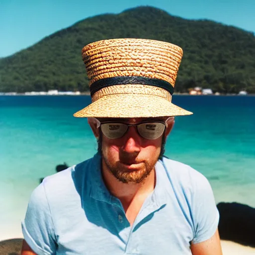 Prompt: a film photo of a man on holiday in cairns wearing a straw hat