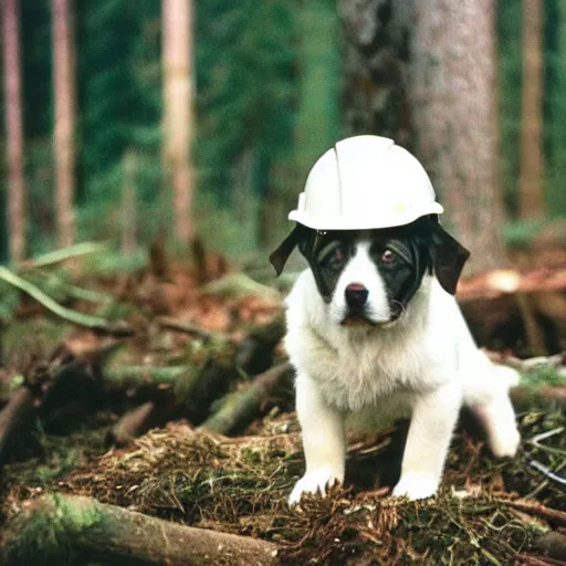Prompt: puppy wearing hard hat deforestation, fog, old growth forest, ektachrome, photo from 1 9 9 8,