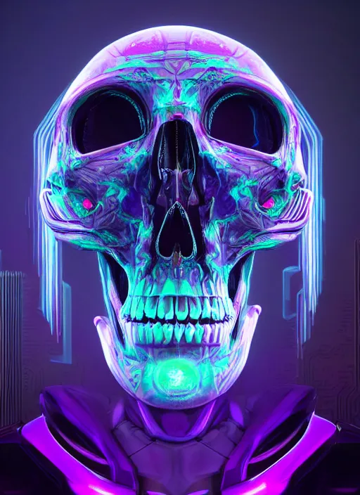 Image similar to a futuristic skull with glowing eyes and a purple background, cyberpunk art by android jones, behance contest winner, computer art, darksynth, synthwave, rendered in cinema 4 d