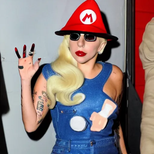 Image similar to lady gaga wearing a super mario hat