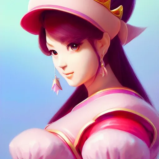 Image similar to 3 / 4 view of a portrait of princess peach, confident pose, genshin impact,, intricate, elegant, sharp focus, illustration, highly detailed, concept art, matte, trending on artstation, anime, art by wlop and artgerm and greg rutkowski, ilya kuvshinov, strong strokes, photo of princess peach h 6 4 0