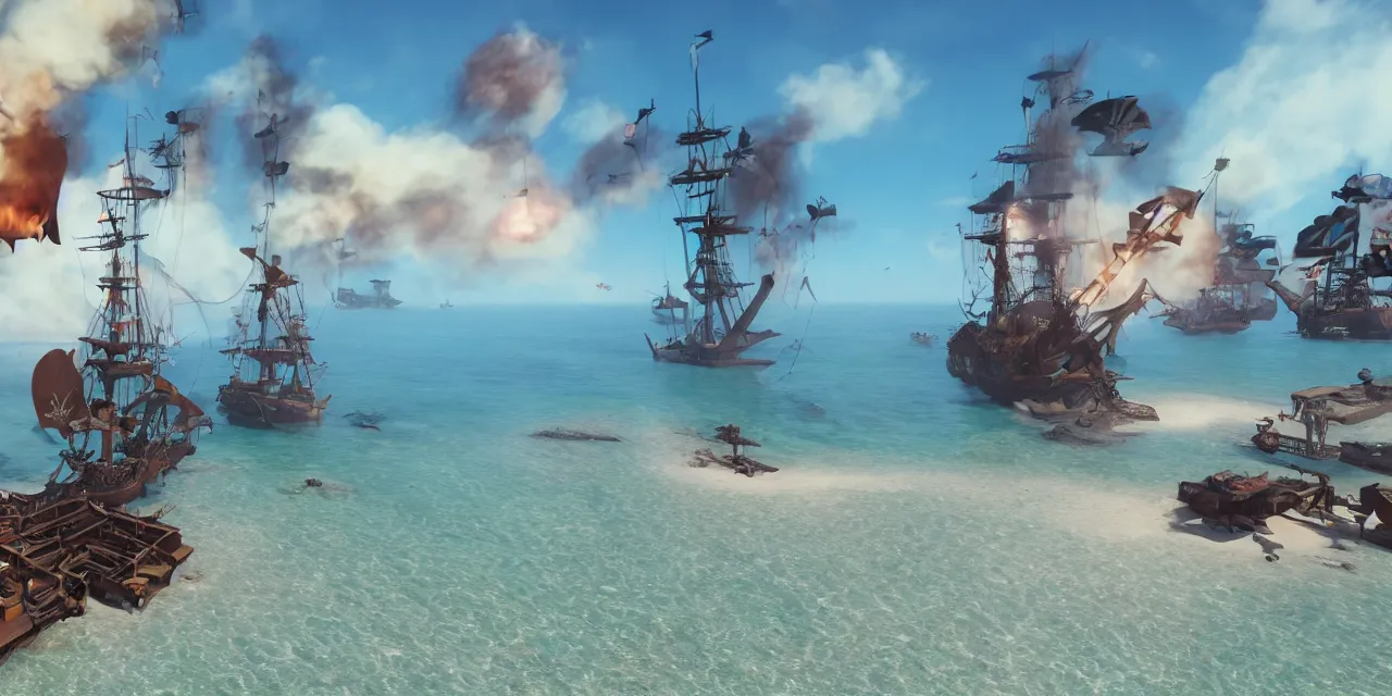 Prompt: Beach Landing with pirate ships, noon, volumetric explosions, cinematic, unreal engine