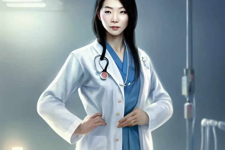 Image similar to an elegant and beautiful chinese female doctor in a white coat in a hospital ward, cinematic, highly detailed, digital painting, artstation, concept art, matte, sharp focus, illustration, art by artgerm and greg rutkowski