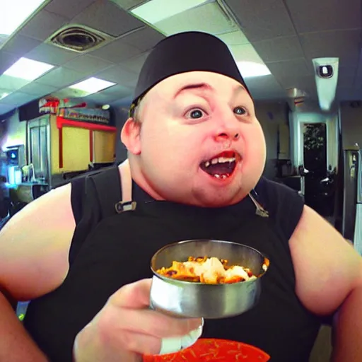 Prompt: gopro photo of demented chubby creature in chef hat