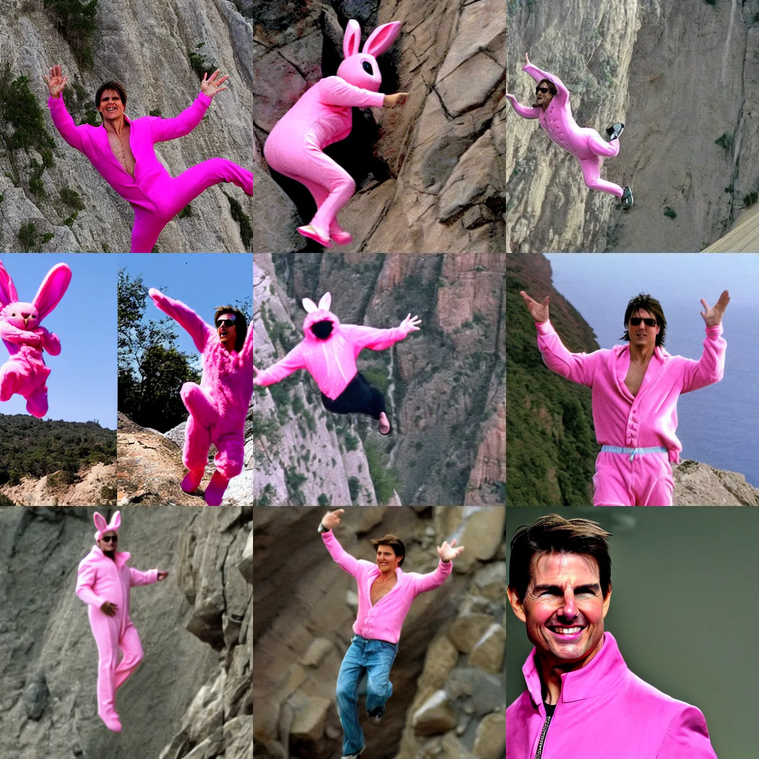 Prompt: Tom Cruise wearing a pink bunny suit, falling off a cliff, photograph