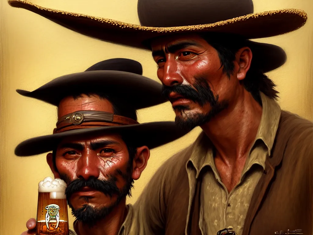 Image similar to juan caloto beer illustration of a mexican man,, with one small, dirt, wild west, with hat, drinking a beer at train station, fantasy, intricate, elegant, highly detailed, digital painting, artstation, concept art, matte, sharp focus, art by aenaluck and roberto ferri and greg rutkowski, epic, missing teeth [