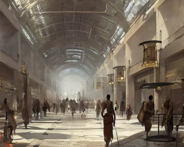 Image similar to a mall in the style of ancient imperial rome cities, art by greg rutkowski and artgerma, stunning concept art, interior design architecture