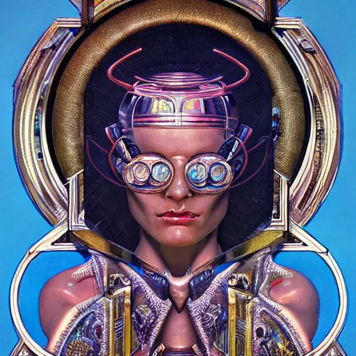 Image similar to close - up renaissance portrait of a primitive art deco android priestess, reflective detailed textures, highly detailed fantasy science fiction painting by moebius, norman rockwell and william holman hunt and syd mead. elaborate geometric ornament, rich colors, high contrast. artstation