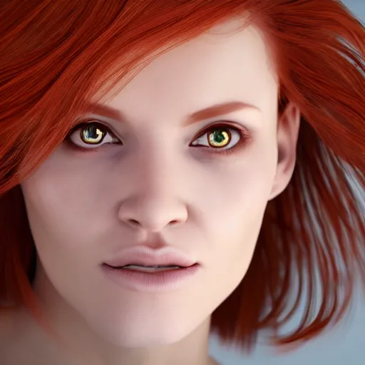 Prompt: portrait of a redhead woman with green eyes, hyper realistic, volumetric lighting