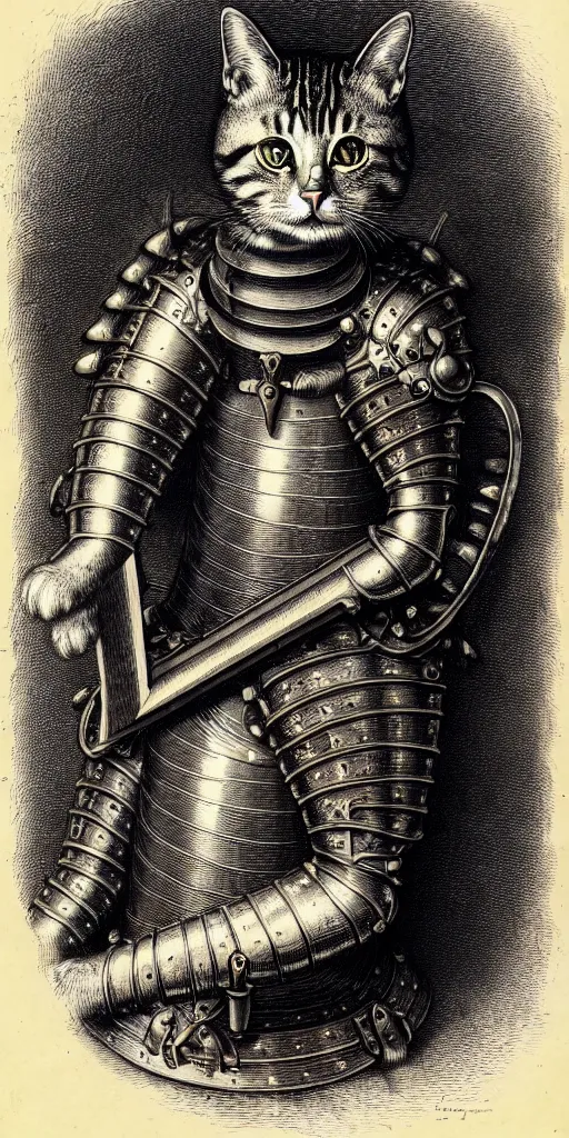 Image similar to engraving portrait of humanoid cat in medieval armoury by gustave dore. trending on deviant art, street art, chillwave, maximalist, full of color, glittering, 8 k, hd