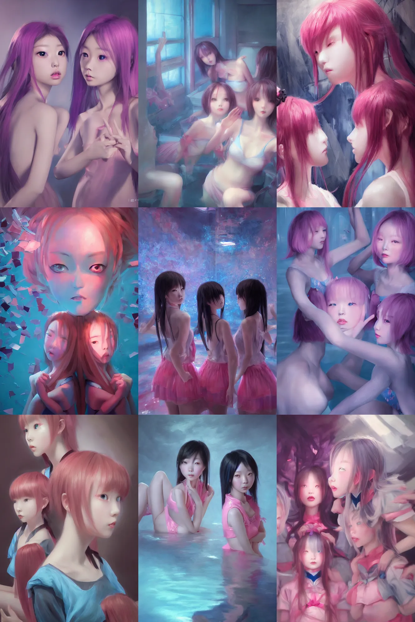 Prompt: 3d dark infrared octane render concept art by D. Jun, by Mo Xiang Tong Xiu, by Igarashi Daisuke, beauty portrait anime schoolgirls under dark pink and blue water. cute face. complex mirror room. dramatic light, trending on artstation, oil painting.