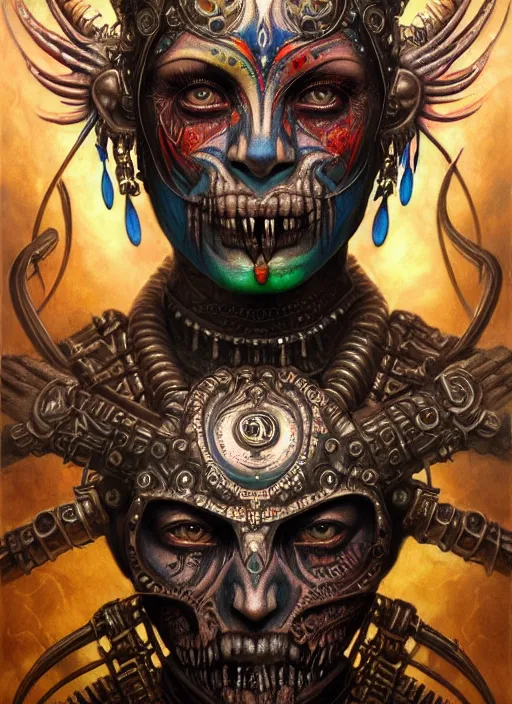 Image similar to hyper detailed masterpiece undead aztec face tattoo warrior by donato giancola and tom bagshaw, face by artgerm and edmund leighton, and h. r. giger, trending on artstation, colorful, psychedelic aesthetic, ornate, background by james jean, 8 k, biomechanical, majestic, volumetric lighting, porcelain skin, concept art, sharp focus