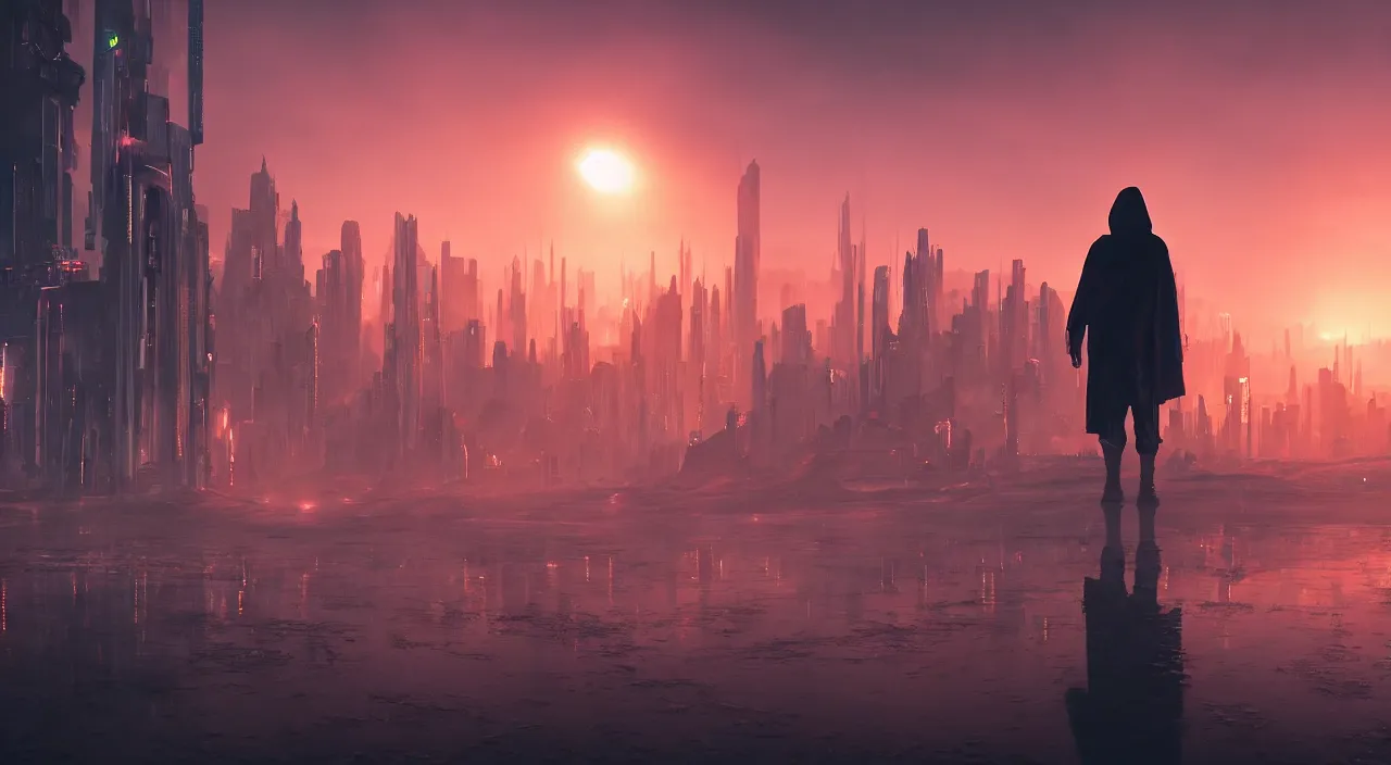 Image similar to a singular cloaked figure standing in the foreground of a cyberpunk landscape, synth, puddles, sunrise