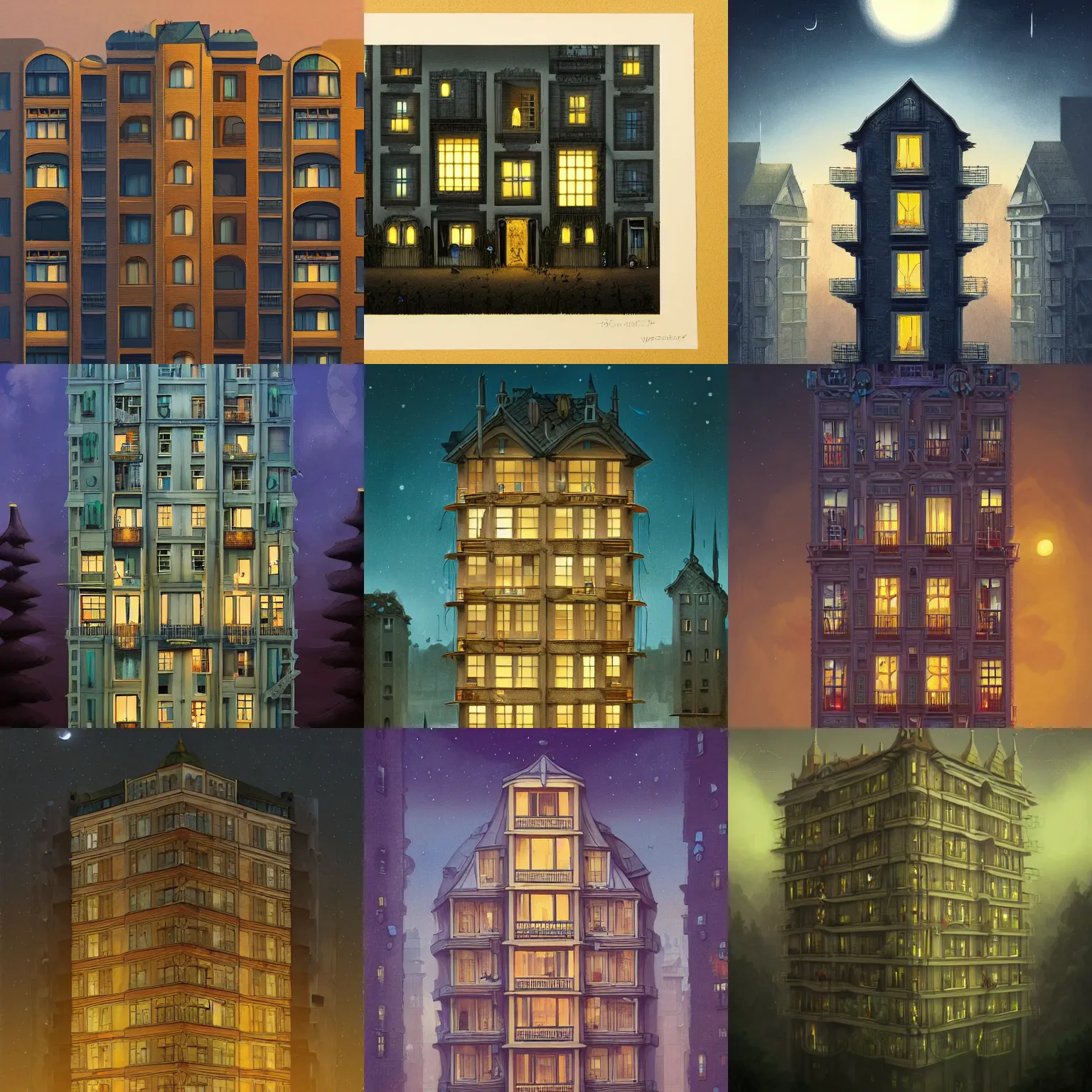 Prompt: a single apartment building in a moonlit night in the style of peter mohrbacher and jacek yerka, symmetrical composition