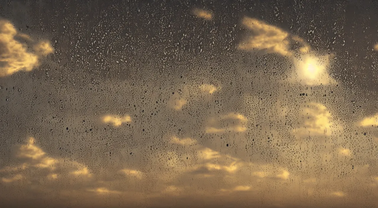 Prompt: Upside-down slow motion rain in a cloudless sky, golden hour, hyper detailed photorealistic