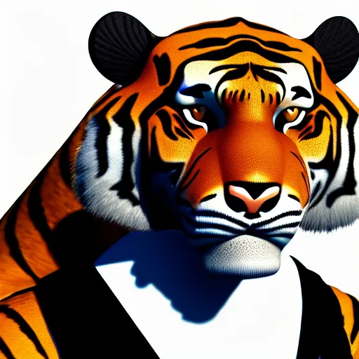 Image similar to portrait of an anthropomorphic tiger wearing a black suit, ultra detail, ultra realistic, soft fur, ssao 8 k