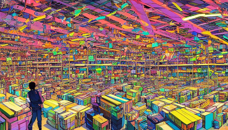 Prompt: a warehouse with huge shelves in which stacks of paper are stored, video game vector cutout illustration vivid multicolor borderlands comics by josan gonzales and dan mumford radiating a glowing aura