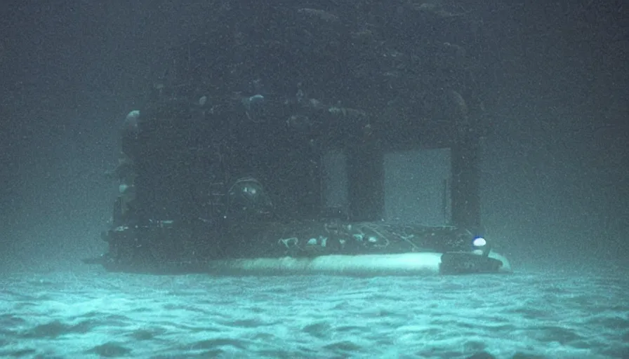 Image similar to Big budget horror movie, a submarine approaches an underwater biolab, deep in the ocean, dark and gloomy