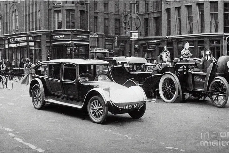 Prompt: 1900's photograph of tesla EV on streets of london, old photograph, detailed