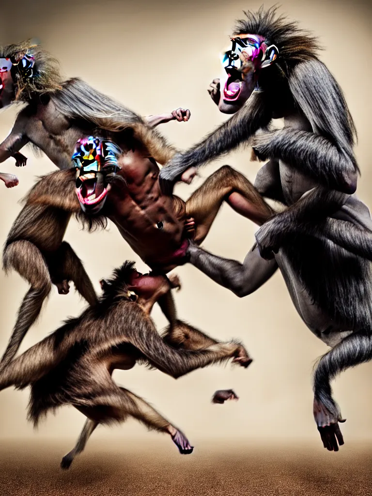 Image similar to a formal portrait photograph of a screaming man transforming into a baboon and horse simultaneously