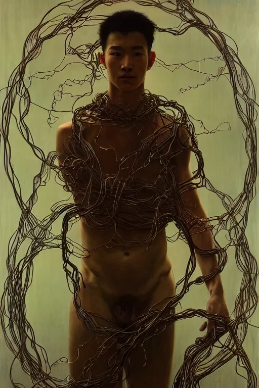 Prompt: hyperrealist portrait of elijah zu bailey, it is decorated with long wires that fall like vines and wears small computers over their body. by jeremy mann and alphonse mucha, fantasy art, photo realistic, dynamic lighting, artstation, poster, volumetric lighting, very detailed faces, 4 k, award winning, hands on hip