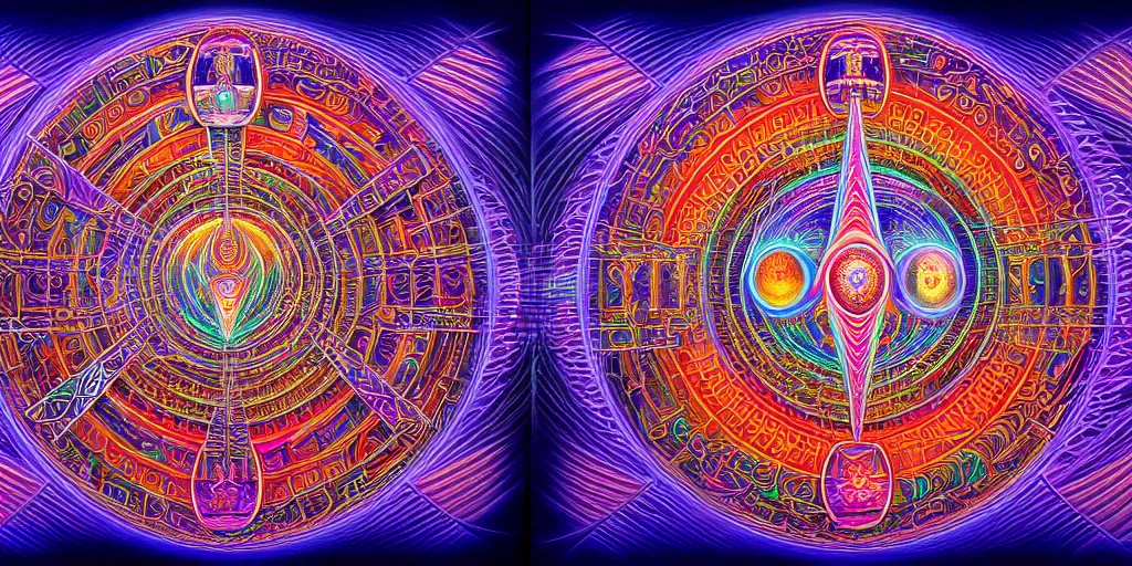 Prompt: dmt temple, sacred geometric buildings, time elves, 8 k resolution, ultra fine illustration, art by alex grey and tokio aoyama, highly detailed,