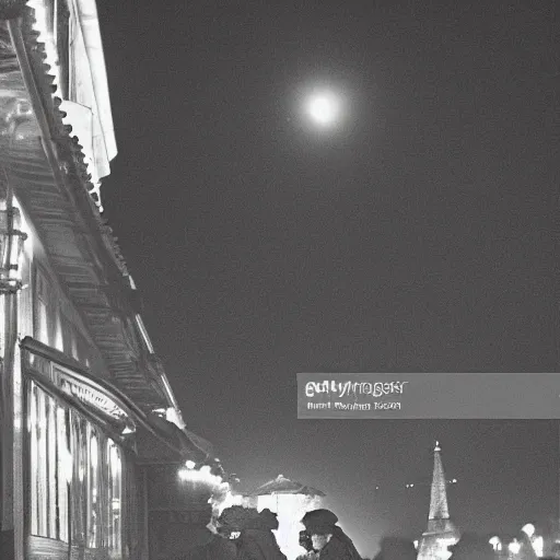 Image similar to two young edwardian women sit outside a cafe in paris at night, the moon is in the sky, the eiffel tower is visible in the background