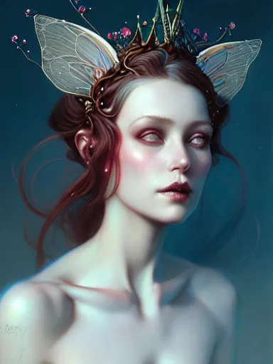Image similar to the fairy queen by james jean, charlie bowater, tom bagshaw, nikolay makovsky : : portrait, character design, illustration, hyperrealism, photorealism, digital art, concept art, fantasy, whimsy, weta, wlop, artstation