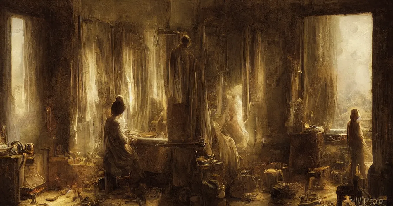 Image similar to view from behind mirror, very deep stillness atmosphere, dimension of still moment, spiritual style, digital art, by augustus edwin mulready
