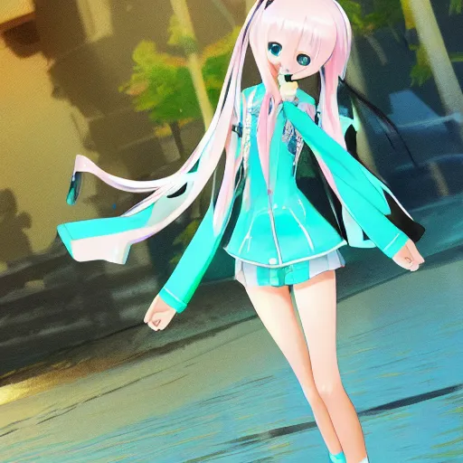 Prompt: photo of hatsune miku takes a walk on late evening beach, f 2,4