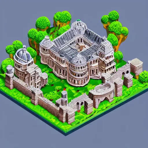 Prompt: Extremely detailed isometric scenery of a palace in the clouds, digital art, low poly, art for video games, 4k