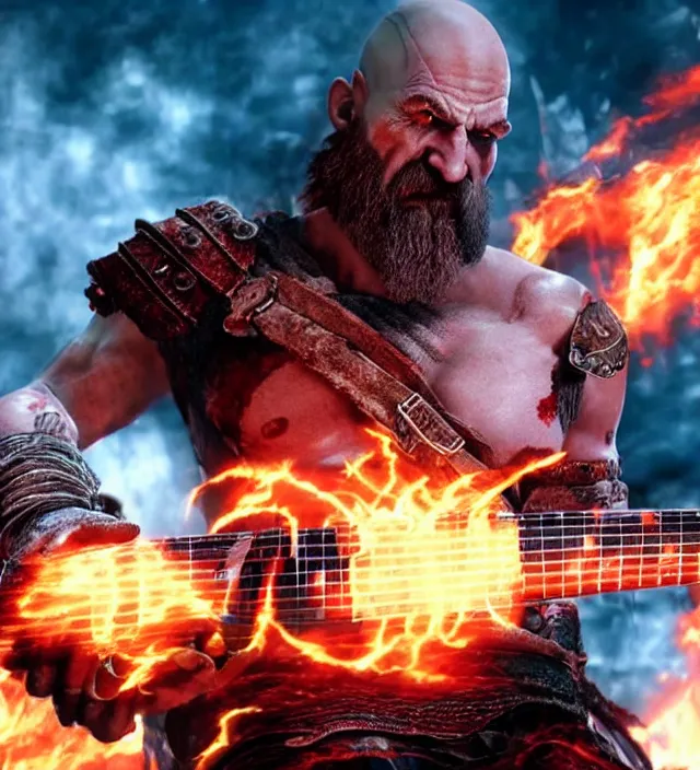 Image similar to raging kratos shredding on a flaming stratocaster guitar, cinematic render, god of war 2 0 1 8, santa monica studio official media, lightning, stripe over eye