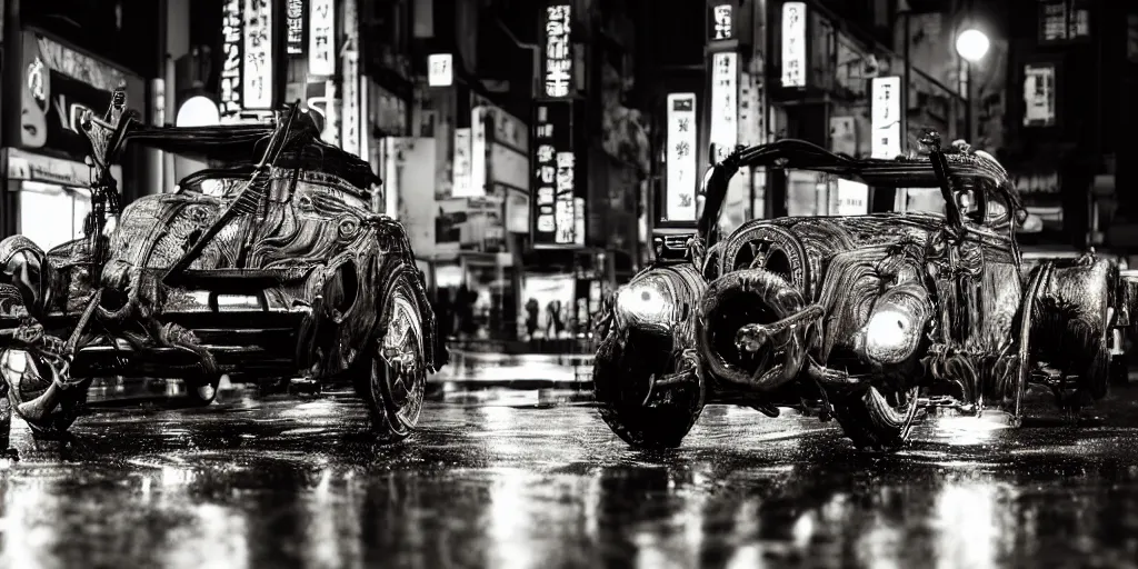 Image similar to close up macro shot of a roman charriot on wet tokyo street at night, intricate, hyper detailed, smooth, dramatic lighting, cinematic