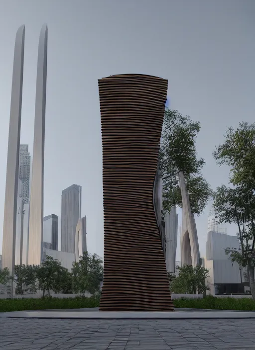 Image similar to highly detailed realistic architecture 3 d render of a wood and metal stele monument in zaha hadid style standing on a side of a road, archdaily, made in unreal engine 4 octane render