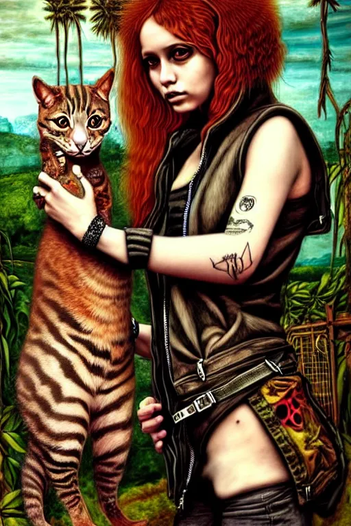 Prompt: punk rock girls making selfie with kind cats in jungle , mad max jacket, post apocalyptic, renaissance, highly detailed, digital painting, oil painting by Leonardo Da Vinci, hyper realistic style, fantasy by Olga Fedorova