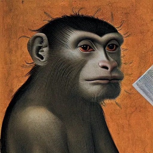 Image similar to a philosopher monkey pondering!!!!!!!!! intensely, portrait, by sandro botticelli