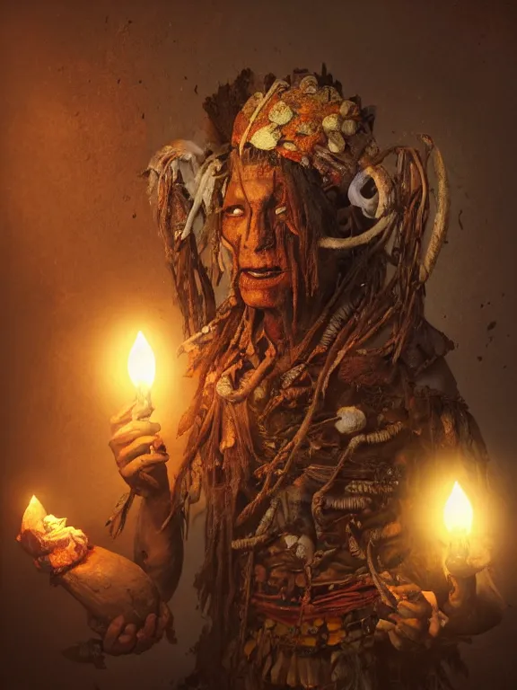 Image similar to fine painting of a death shaman from an ancient culture with mushrooms growing from his body, candlelight, 8 k, ultra realistic, lens flare, atmosphere, glow, detailed, intricate, full of colour, cinematic lighting, trending on artstation, 4 k, hyperrealistic, focused, extreme details, unreal engine 5, cinematic, masterpiece