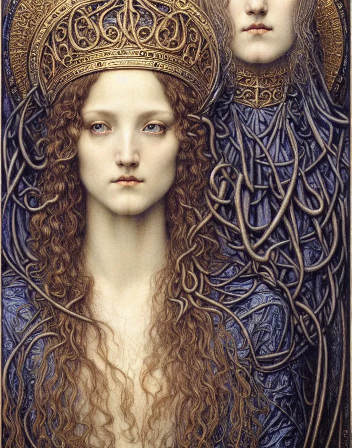 Image similar to detailed realistic beautiful young medieval queen face portrait by jean delville, gustave dore and marco mazzoni, art nouveau, symbolist, visionary, gothic, pre - raphaelite. horizontal symmetry