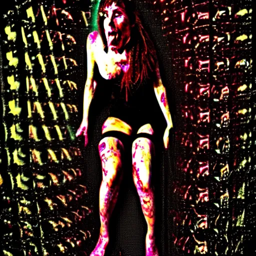 Image similar to a woman whos body is static losing frequency phasing out, dark eerie photo taken by digital hollywood, bleeding rich decaying colors!